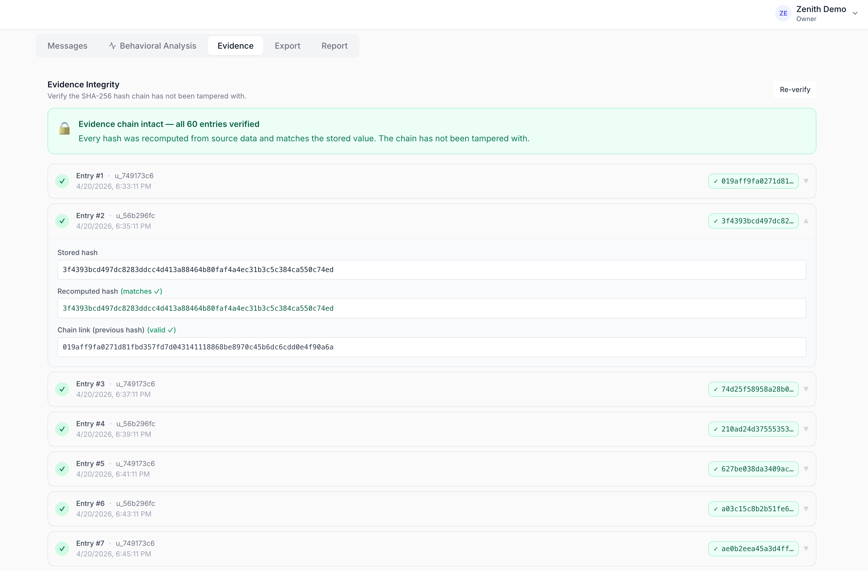 Evidence chain view showing verified hash entries