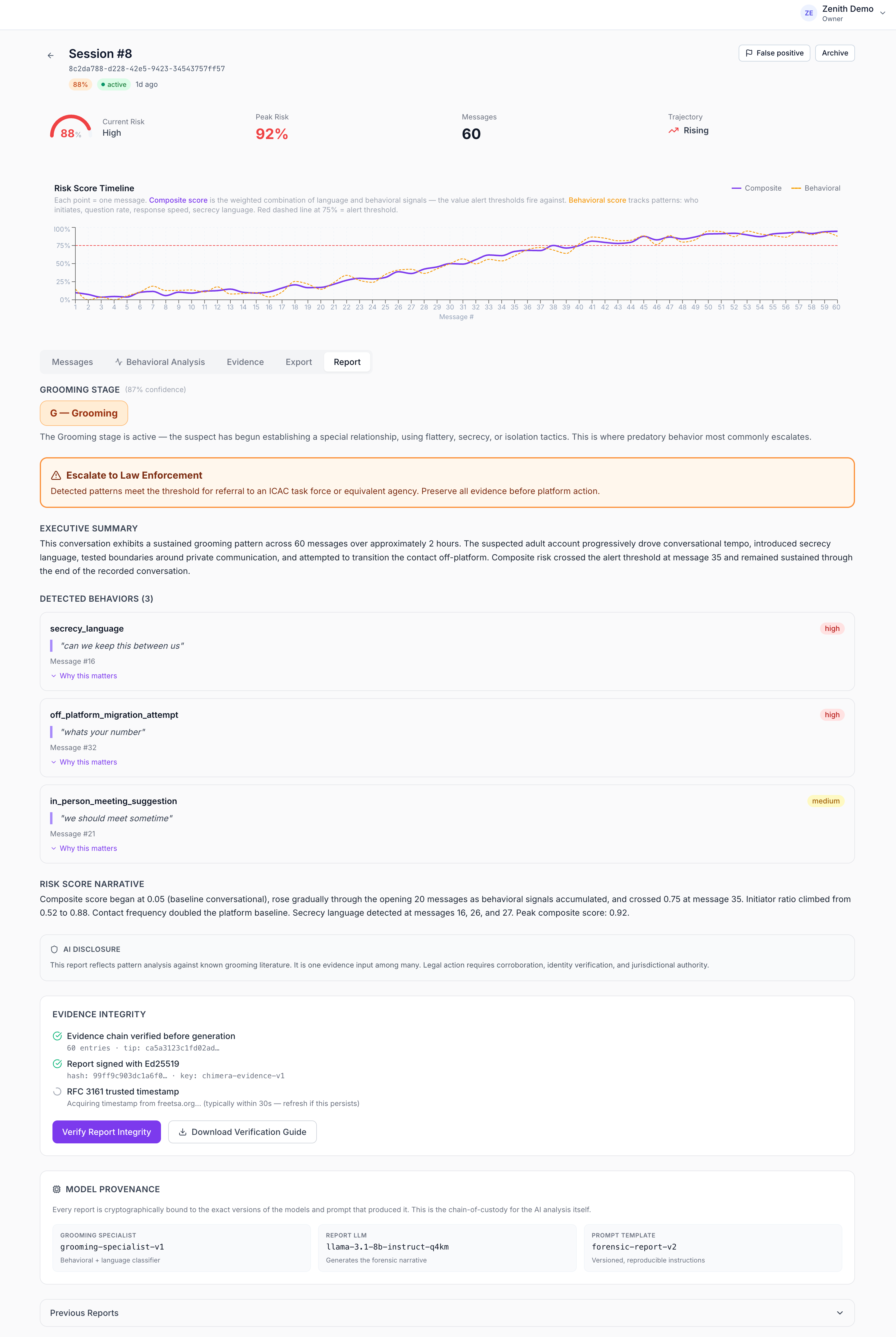 A completed Kynos forensic report showing detected behaviors, signatures, and the evidence integrity envelope